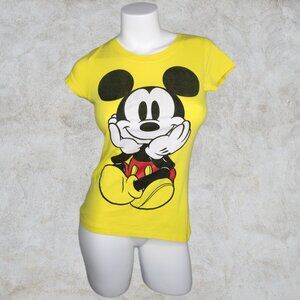 Disney Mickey Mouse Front and Back Yellow Fitted Womens Medium Short Sleeve Tee